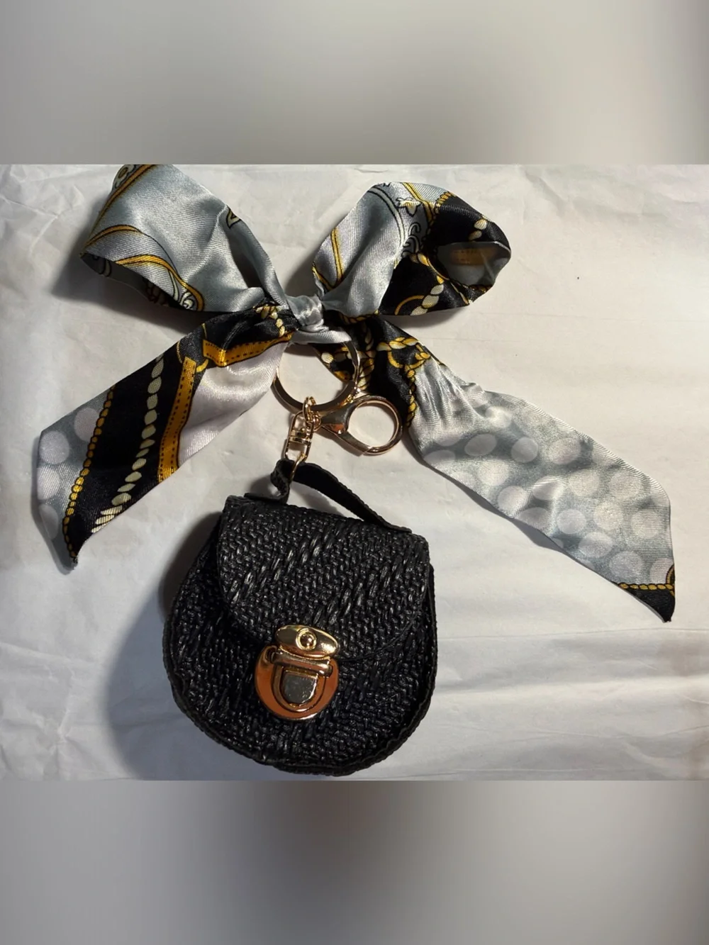 Black Woven Mini Purse Keychain with Gold Hardware with Silky Bow